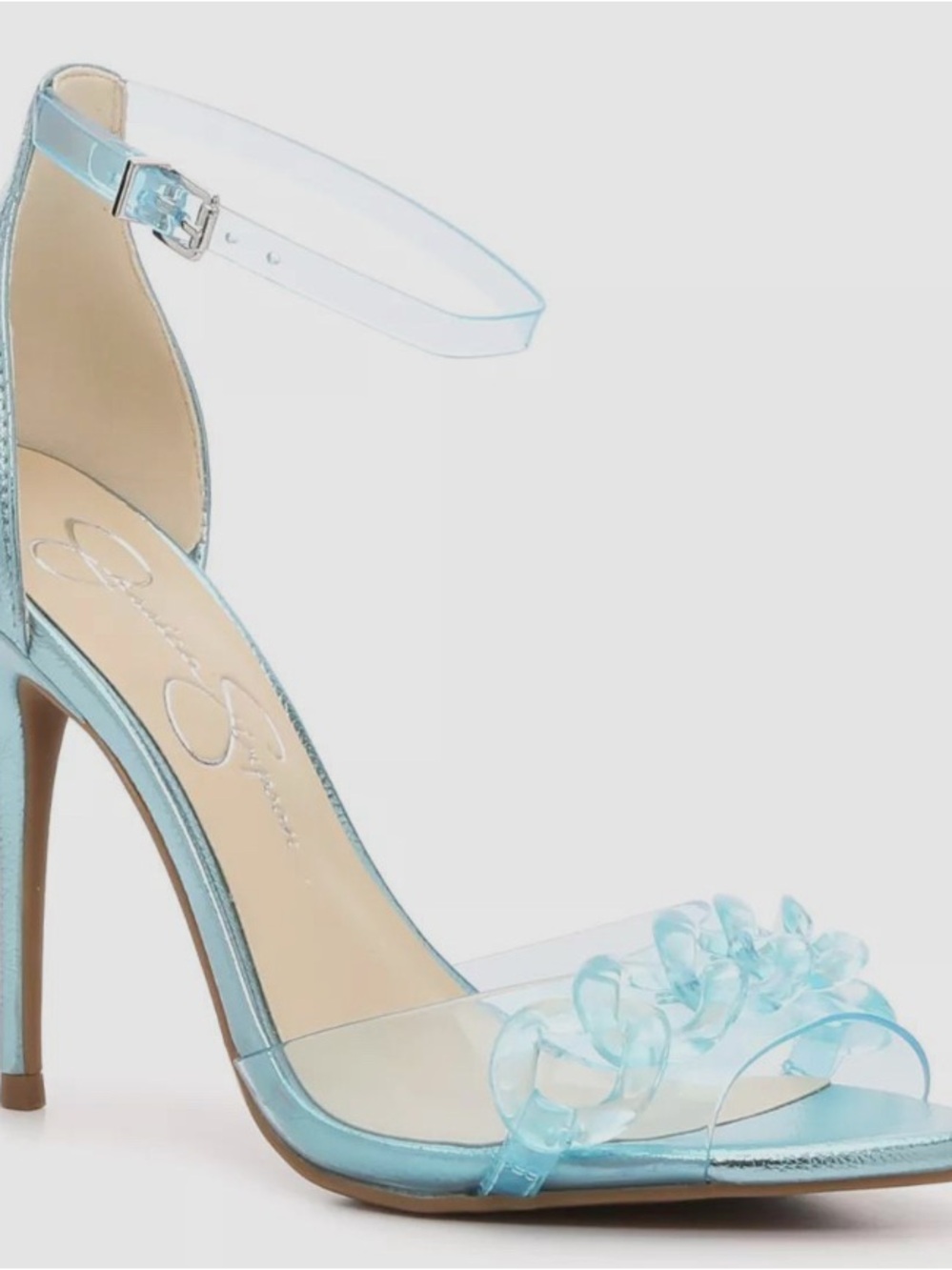 Jessica Simpson Light Blue Metallic Ankle-Strap Heels with Clear Floral Accents
